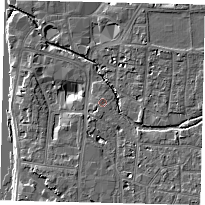 Shaded relief map of the ground around KT12RN, computed from Environment Agency LiDAR. The ground here sits at about 8 m above sea level and falls 8 m across the surrounding 800 m. Surface water reaching this point runs off ground lying to the south-south-west, 1.4 m higher.