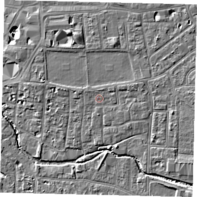 Shaded relief map of the ground around KT12RP, computed from Environment Agency LiDAR. The ground here sits at about 10 m above sea level and falls 11 m across the surrounding 800 m. Surface water reaching this point runs off ground lying to the north-west, 0.8 m higher.