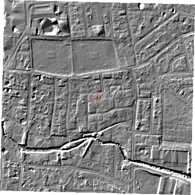 Shaded relief map of the ground around KT12RS, computed from Environment Agency LiDAR. The ground here sits at about 10 m above sea level and falls 9 m across the surrounding 800 m. Surface water reaching this point runs off ground lying to the north-east, 1.3 m higher.