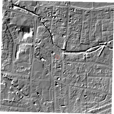 Shaded relief map of the ground around KT12RU, computed from Environment Agency LiDAR. The ground here sits at about 9 m above sea level and falls 10 m across the surrounding 800 m. Surface water reaching this point runs off ground lying to the south-south-east, 5.9 m higher.