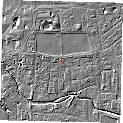 Shaded relief map of the ground around KT12RW, computed from Environment Agency LiDAR. The ground here sits at about 10 m above sea level and falls 11 m across the surrounding 800 m. Surface water reaching this point runs off ground lying to the north-east, 0.6 m higher.