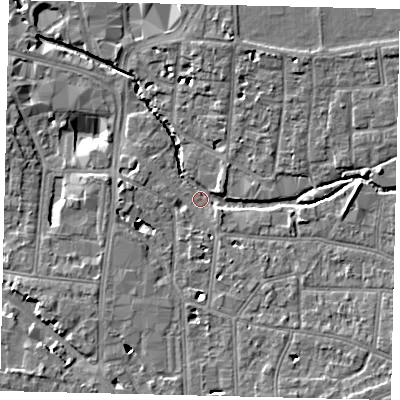Shaded relief map of the ground around KT12RZ, computed from Environment Agency LiDAR. The ground here sits at about 8 m above sea level and falls 9 m across the surrounding 800 m. Surface water reaching this point runs off ground lying to the south-east, 6.3 m higher.
