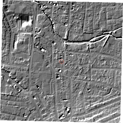 Shaded relief map of the ground around KT12SA, computed from Environment Agency LiDAR. The ground here sits at about 10 m above sea level and falls 14 m across the surrounding 800 m. Surface water reaching this point runs off ground lying to the south-south-east, 8.2 m higher.