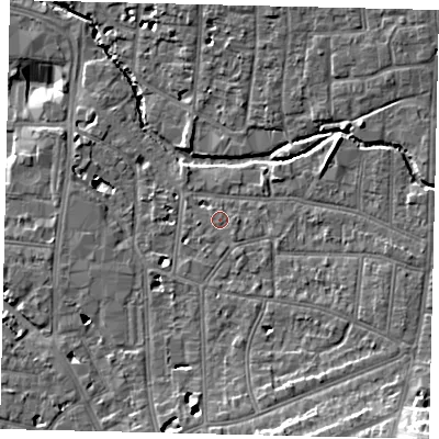 Shaded relief map of the ground around KT12SD, computed from Environment Agency LiDAR. The ground here sits at about 10 m above sea level and falls 18 m across the surrounding 800 m. Surface water reaching this point runs off ground lying to the south-east, 1.0 m higher.