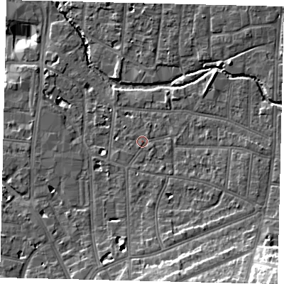 Shaded relief map of the ground around KT12SE, computed from Environment Agency LiDAR. The ground here sits at about 10 m above sea level and falls 22 m across the surrounding 800 m. Surface water reaching this point runs off ground lying to the north-east, 0.8 m higher.