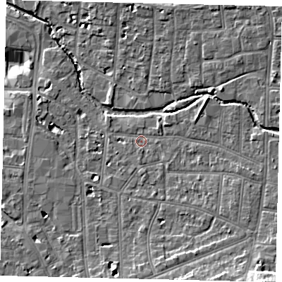 Shaded relief map of the ground around KT12SG, computed from Environment Agency LiDAR. The ground here sits at about 9 m above sea level and falls 16 m across the surrounding 800 m. Surface water reaching this point runs off ground lying to the south, 2.0 m higher.