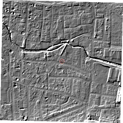 Shaded relief map of the ground around KT12SH, computed from Environment Agency LiDAR. The ground here sits at about 10 m above sea level and falls 12 m across the surrounding 800 m. Surface water reaching this point runs off ground lying to the north, 2.0 m higher.