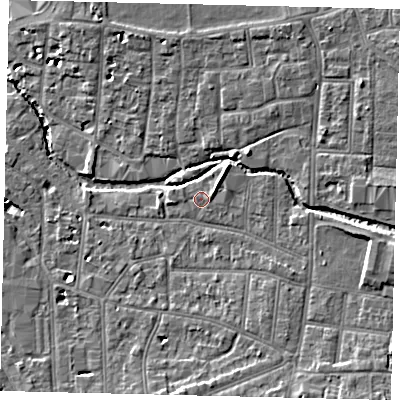 Shaded relief map of the ground around KT12SJ, computed from Environment Agency LiDAR. The ground here sits at about 10 m above sea level and falls 9 m across the surrounding 800 m. Surface water reaching this point runs off ground lying to the west-north-west, 0.6 m higher.