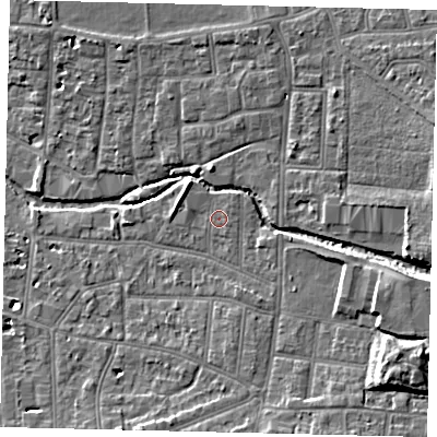 Shaded relief map of the ground around KT12SL, computed from Environment Agency LiDAR. The ground here sits at about 10 m above sea level and falls 10 m across the surrounding 800 m. The ground contributing surface water to this point lies to the south-east.