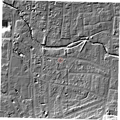 Shaded relief map of the ground around KT12SN, computed from Environment Agency LiDAR. The ground here sits at about 9 m above sea level and falls 16 m across the surrounding 800 m. Surface water reaching this point runs off ground lying to the south-south-west, 2.0 m higher.