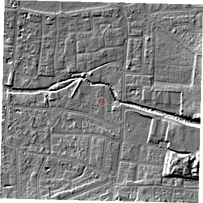 Shaded relief map of the ground around KT12SP, computed from Environment Agency LiDAR. The ground here sits at about 10 m above sea level and falls 11 m across the surrounding 800 m. Surface water reaching this point runs off ground lying to the east-south-east, 7.2 m higher.