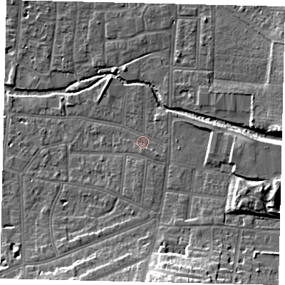 Shaded relief map of the ground around KT12SW, computed from Environment Agency LiDAR. The ground here sits at about 10 m above sea level and falls 18 m across the surrounding 800 m. Surface water reaching this point runs off ground lying to the south-south-east, 15.0 m higher.