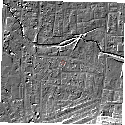 Shaded relief map of the ground around KT12SY, computed from Environment Agency LiDAR. The ground here sits at about 9 m above sea level and falls 17 m across the surrounding 800 m. Surface water reaching this point runs off ground lying to the south-east, 2.9 m higher.