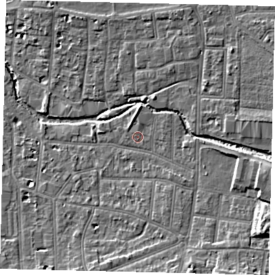 Shaded relief map of the ground around KT12SZ, computed from Environment Agency LiDAR. The ground here sits at about 10 m above sea level and falls 11 m across the surrounding 800 m. Surface water reaching this point runs off ground lying to the north-north-west, 1.6 m higher.