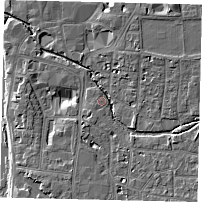 Shaded relief map of the ground around KT12TA, computed from Environment Agency LiDAR. The ground here sits at about 8 m above sea level and falls 8 m across the surrounding 800 m. Surface water reaching this point runs off ground lying to the south-south-west, 1.7 m higher.