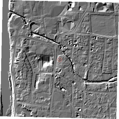 Shaded relief map of the ground around KT12TB, computed from Environment Agency LiDAR. The ground here sits at about 8 m above sea level and falls 10 m across the surrounding 800 m. Surface water reaching this point runs off ground lying to the south-south-west, 6.7 m higher.