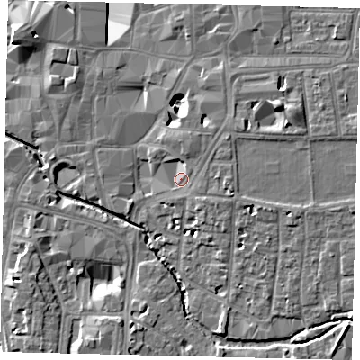 Shaded relief map of the ground around KT12TX, computed from Environment Agency LiDAR. The ground here sits at about 8 m above sea level and falls 10 m across the surrounding 800 m. Surface water reaching this point runs off ground lying to the east-south-east, 2.1 m higher.