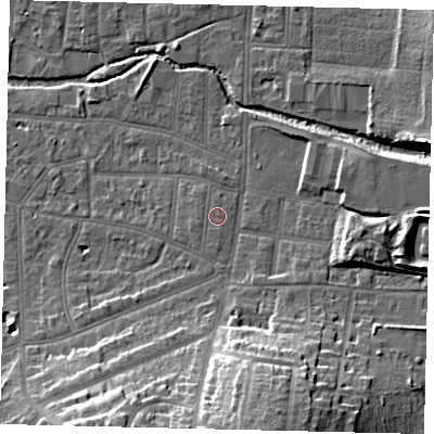 Shaded relief map of the ground around KT12TY, computed from Environment Agency LiDAR. The ground here sits at about 11 m above sea level and falls 22 m across the surrounding 800 m. Surface water reaching this point runs off ground lying to the south, 0.8 m higher.