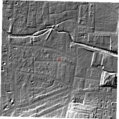 Shaded relief map of the ground around KT12TZ, computed from Environment Agency LiDAR. The ground here sits at about 10 m above sea level and falls 20 m across the surrounding 800 m. Surface water reaching this point runs off ground lying to the south, 1.9 m higher.