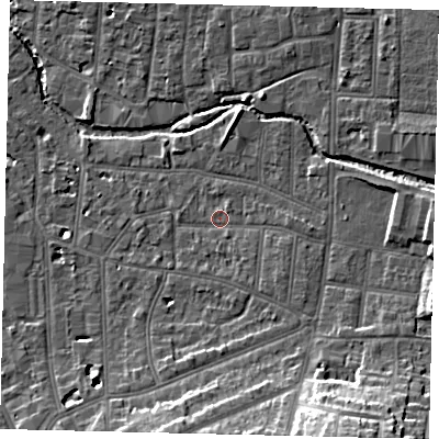 Shaded relief map of the ground around KT12UA, computed from Environment Agency LiDAR. The ground here sits at about 9 m above sea level and falls 21 m across the surrounding 800 m. Surface water reaching this point runs off ground lying to the south-south-east, 2.5 m higher.