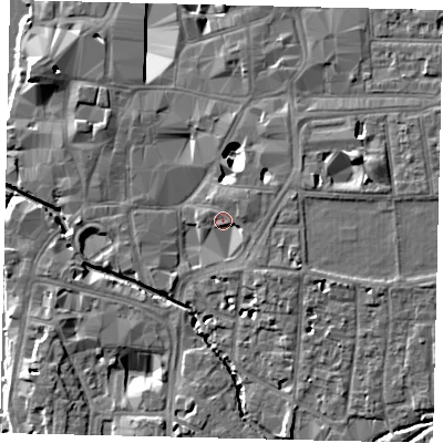 Shaded relief map of the ground around KT12UE, computed from Environment Agency LiDAR. The ground here sits at about 8 m above sea level and falls 10 m across the surrounding 800 m. Surface water reaching this point runs off ground lying to the east-north-east, 1.4 m higher.