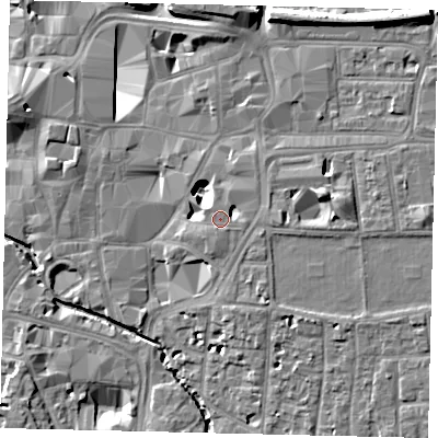 Shaded relief map of the ground around KT12UF, computed from Environment Agency LiDAR. The ground here sits at about 9 m above sea level and falls 11 m across the surrounding 800 m. Surface water reaching this point runs off ground lying to the east, 2.1 m higher.