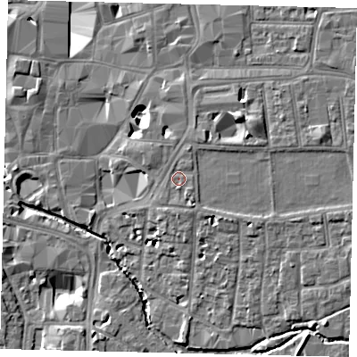 Shaded relief map of the ground around KT12UG, computed from Environment Agency LiDAR. The ground here sits at about 9 m above sea level and falls 10 m across the surrounding 800 m. Surface water reaching this point runs off ground lying to the east-south-east, 1.6 m higher.