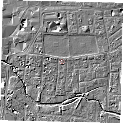 Shaded relief map of the ground around KT12UJ, computed from Environment Agency LiDAR. The ground here sits at about 10 m above sea level and falls 11 m across the surrounding 800 m. Surface water reaching this point runs off ground lying to the west-north-west, 1.8 m higher.