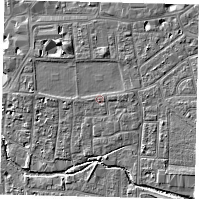 Shaded relief map of the ground around KT12UL, computed from Environment Agency LiDAR. The ground here sits at about 10 m above sea level and falls 11 m across the surrounding 800 m. Surface water reaching this point runs off ground lying to the east-south-east, 0.9 m higher.