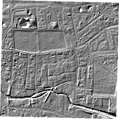 Shaded relief map of the ground around KT12UN, computed from Environment Agency LiDAR. The ground here sits at about 10 m above sea level and falls 8 m across the surrounding 800 m. Surface water reaching this point runs off ground lying to the north-east, 1.3 m higher.