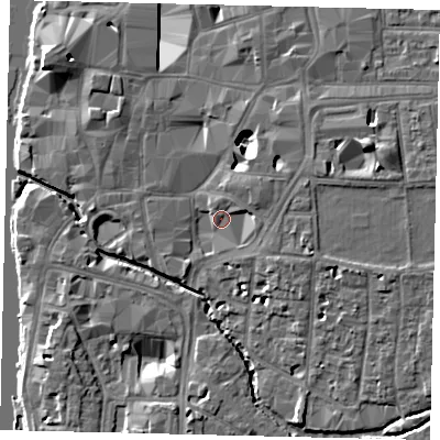 Shaded relief map of the ground around KT12US, computed from Environment Agency LiDAR. The ground here sits at about 8 m above sea level and falls 10 m across the surrounding 800 m. Surface water reaching this point runs off ground lying to the east-north-east, 8.1 m higher.