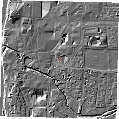 Shaded relief map of the ground around KT12UT, computed from Environment Agency LiDAR. The ground here sits at about 8 m above sea level and falls 10 m across the surrounding 800 m. Surface water reaching this point runs off ground lying to the north-east, 8.1 m higher.