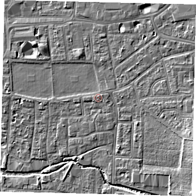 Shaded relief map of the ground around KT12UW, computed from Environment Agency LiDAR. The ground here sits at about 10 m above sea level and falls 8 m across the surrounding 800 m. Surface water reaching this point runs off ground lying to the east-north-east, 0.8 m higher.