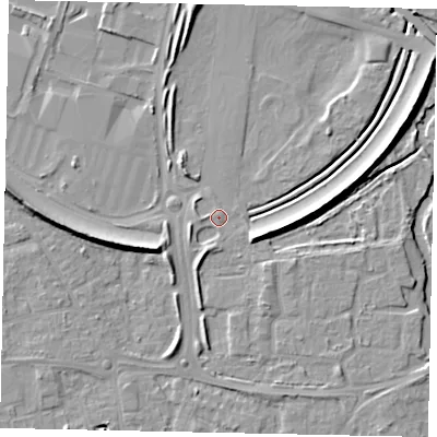 Shaded relief map of the ground around KT130GP, computed from Environment Agency LiDAR. The ground here sits at about 16 m above sea level and falls 10 m across the surrounding 800 m. Surface water reaching this point runs off ground lying to the south-south-west, 2.8 m higher.