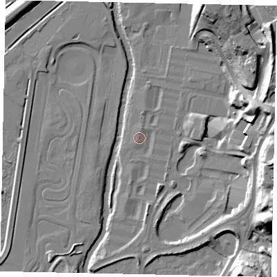 Shaded relief map of the ground around KT130NY, computed from Environment Agency LiDAR. The ground here sits at about 15 m above sea level and falls 27 m across the surrounding 800 m. Surface water reaching this point runs off ground lying to the north-north-east, 1.6 m higher.