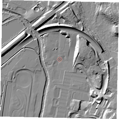 Shaded relief map of the ground around KT130QN, computed from Environment Agency LiDAR. The ground here sits at about 14 m above sea level and falls 32 m across the surrounding 800 m. Surface water reaching this point runs off ground lying to the east-north-east, 23.0 m higher.