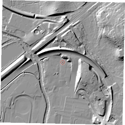 Shaded relief map of the ground around KT130QS, computed from Environment Agency LiDAR. The ground here sits at about 15 m above sea level and falls 33 m across the surrounding 800 m. Surface water reaching this point runs off ground lying to the north-east, 17.9 m higher.
