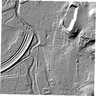 Shaded relief map of the ground around KT130RL, computed from Environment Agency LiDAR. The ground here sits at about 15 m above sea level and falls 28 m across the surrounding 800 m. Surface water reaching this point runs off ground lying to the east-north-east, 25.9 m higher.