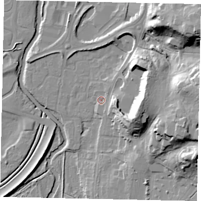 Shaded relief map of the ground around KT130RP, computed from Environment Agency LiDAR. The ground here sits at about 16 m above sea level and falls 32 m across the surrounding 800 m. Surface water reaching this point runs off ground lying to the east-south-east, 23.5 m higher.