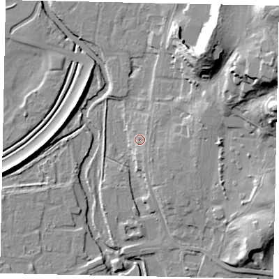 Shaded relief map of the ground around KT130RU, computed from Environment Agency LiDAR. The ground here sits at about 17 m above sea level and falls 28 m across the surrounding 800 m. Surface water reaching this point runs off ground lying to the south-east, 3.0 m higher.
