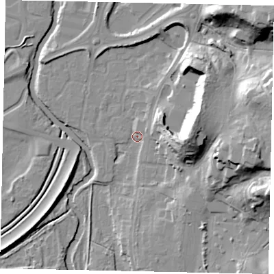 Shaded relief map of the ground around KT130SA, computed from Environment Agency LiDAR. The ground here sits at about 16 m above sea level and falls 32 m across the surrounding 800 m. Surface water reaching this point runs off ground lying to the east-north-east, 9.4 m higher.