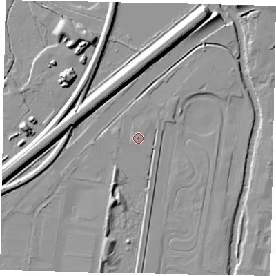 Shaded relief map of the ground around KT130SL, computed from Environment Agency LiDAR. The ground here sits at about 15 m above sea level and falls 12 m across the surrounding 800 m. Surface water reaching this point runs off ground lying to the east-south-east, 1.6 m higher.