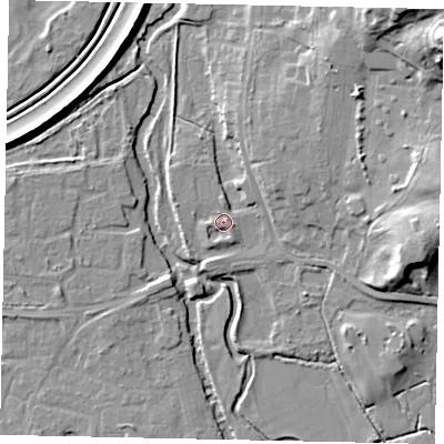 Shaded relief map of the ground around KT130TJ, computed from Environment Agency LiDAR. The ground here sits at about 16 m above sea level and falls 24 m across the surrounding 800 m. Surface water reaching this point runs off ground lying to the south, 1.4 m higher.