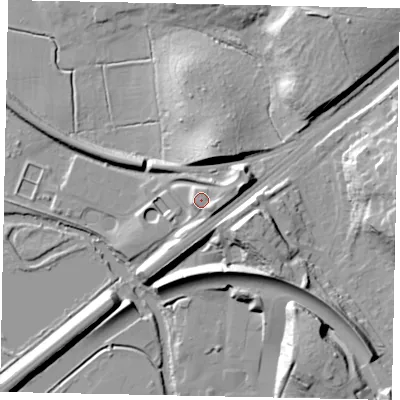 Shaded relief map of the ground around KT130TW, computed from Environment Agency LiDAR. The ground here sits at about 24 m above sea level and falls 28 m across the surrounding 800 m. Surface water reaching this point runs off ground lying to the east-north-east, 6.4 m higher.