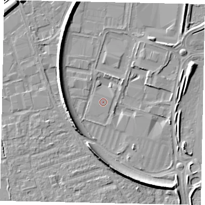 Shaded relief map of the ground around KT130UJ, computed from Environment Agency LiDAR. The ground here sits at about 15 m above sea level and falls 8 m across the surrounding 800 m. The ground contributing surface water to this point lies to the north-west.