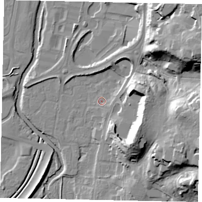 Shaded relief map of the ground around KT130UU, computed from Environment Agency LiDAR. The ground here sits at about 16 m above sea level and falls 32 m across the surrounding 800 m. Surface water reaching this point runs off ground lying to the east, 2.8 m higher.