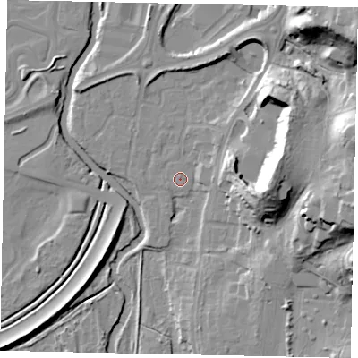 Shaded relief map of the ground around KT130UY, computed from Environment Agency LiDAR. The ground here sits at about 16 m above sea level and falls 30 m across the surrounding 800 m. Surface water reaching this point runs off ground lying to the south-south-east, 0.5 m higher.