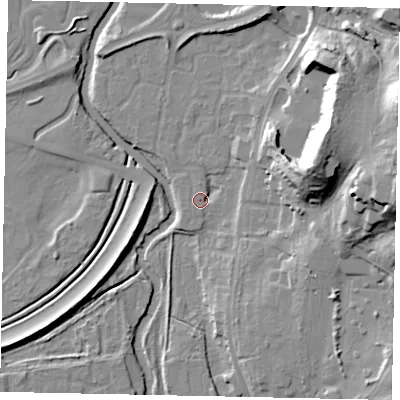 Shaded relief map of the ground around KT130XA, computed from Environment Agency LiDAR. The ground here sits at about 16 m above sea level and falls 28 m across the surrounding 800 m. Surface water reaching this point runs off ground lying to the north-north-east, 2.0 m higher.