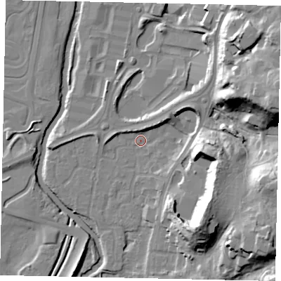 Shaded relief map of the ground around KT130XD, computed from Environment Agency LiDAR. The ground here sits at about 15 m above sea level and falls 31 m across the surrounding 800 m. Surface water reaching this point runs off ground lying to the east-north-east, 27.9 m higher.