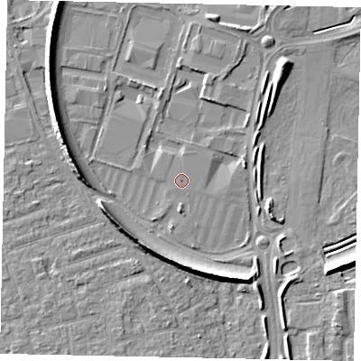 Shaded relief map of the ground around KT130XF, computed from Environment Agency LiDAR. The ground here sits at about 15 m above sea level and falls 8 m across the surrounding 800 m. The ground contributing surface water to this point lies to the north-east.